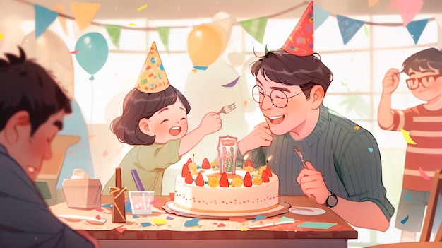 Cartoon people celebrating birthday party