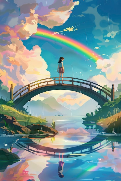 Cartoon rainbow and girls