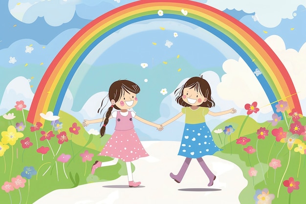 Cartoon rainbow and girls