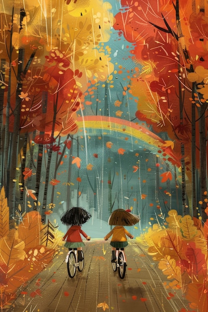 Cartoon rainbow and girls