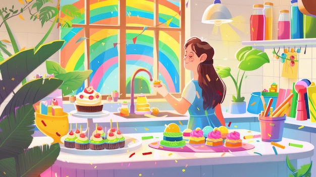 Free Photo cartoon rainbow and girls