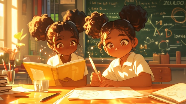 Cartoon students in a math class