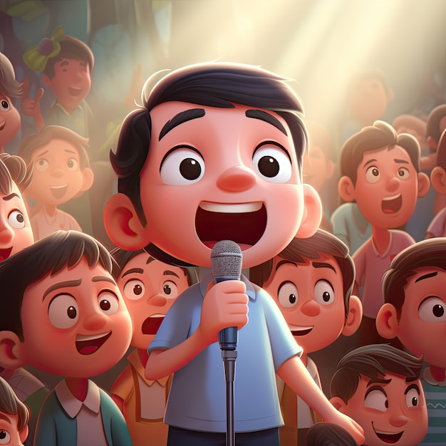 Cartoon style character singing with microphone