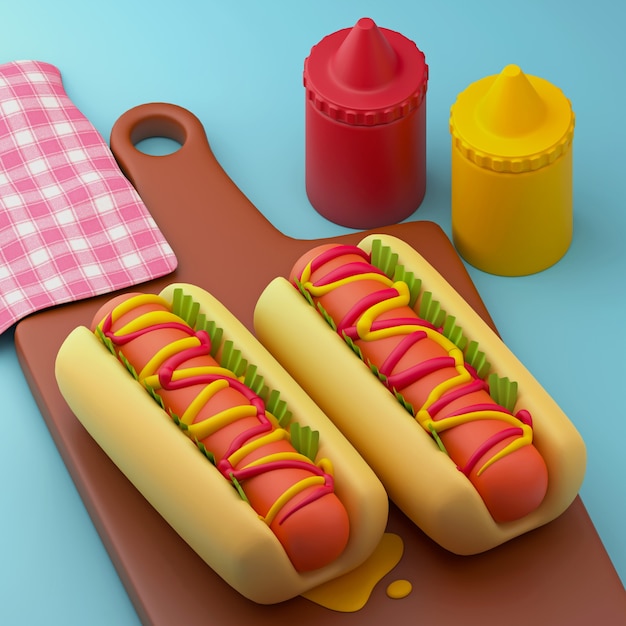 Cartoon style hot dogs and sauces