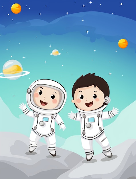 Free photo cartoon style portrait of two child austronauts