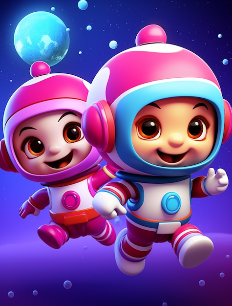 Cartoon style portrait of two child austronauts