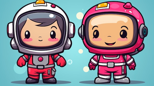 Free photo cartoon style portrait of two child austronauts