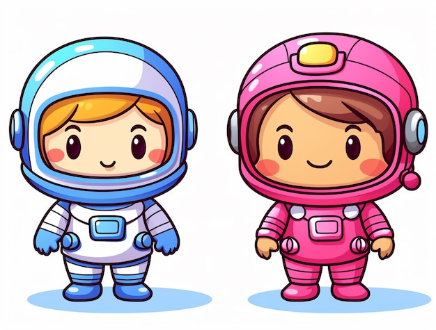 Free photo cartoon style portrait of two child austronauts