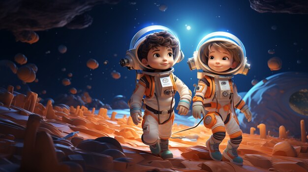 Cartoon style portrait of two child austronauts