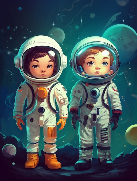 Cartoon style portrait of two child austronauts