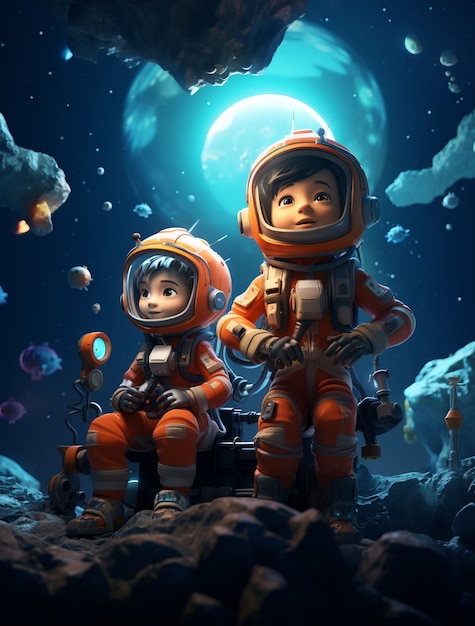 Cartoon style portrait of two child austronauts