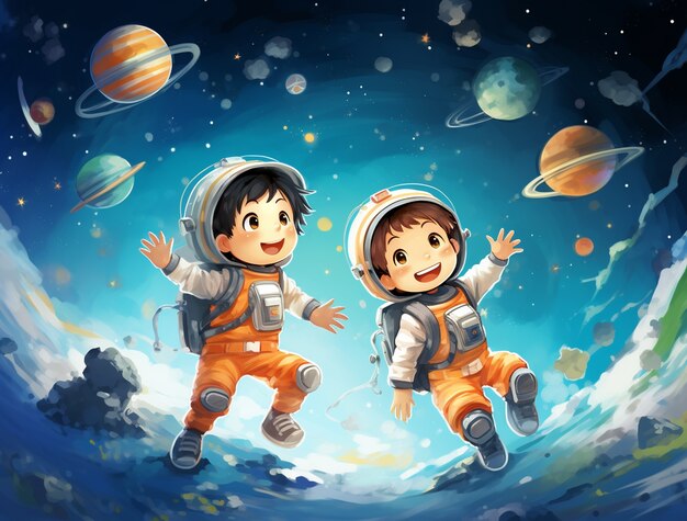 Cartoon style portrait of two child austronauts