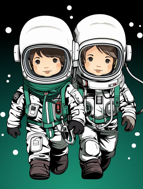 Cartoon style portrait of two child austronauts