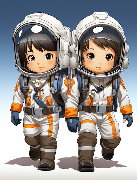 Cartoon style portrait of two child austronauts