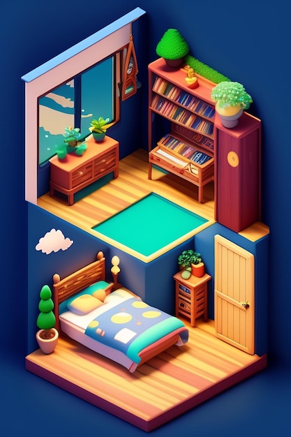 Free Photo a cartoon style room with a bed, desk, books, and books on it.