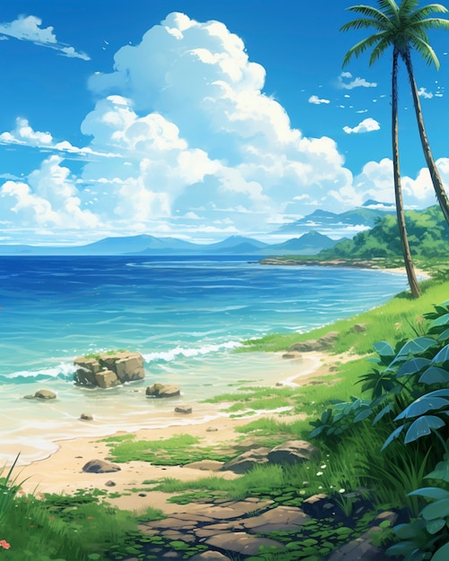 Cartoon style summer scene with beach