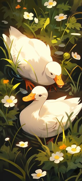 Cartoon style summer scene with ducks