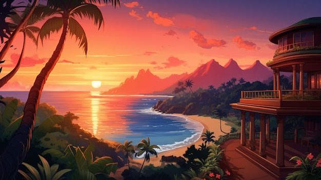 Cartoon tropical island landscape