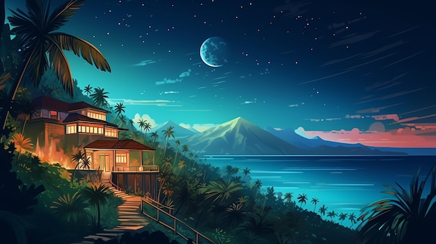 Cartoon tropical island landscape