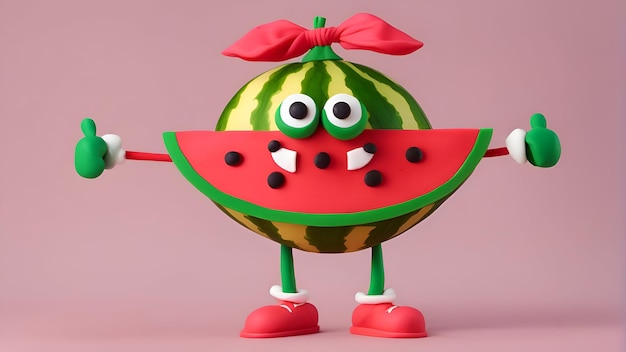 Free photo cartoon watermelon character with red bow on his head 3d illustration