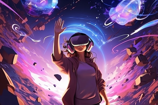 Free photo cartoon woman wearing vr glasses