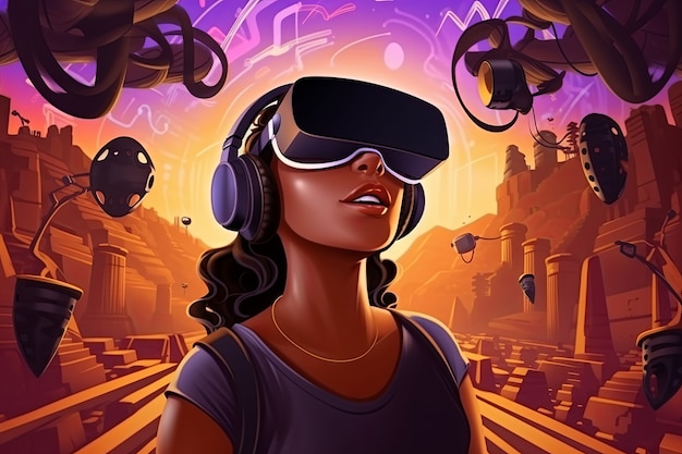 Free photo cartoon woman wearing vr glasses