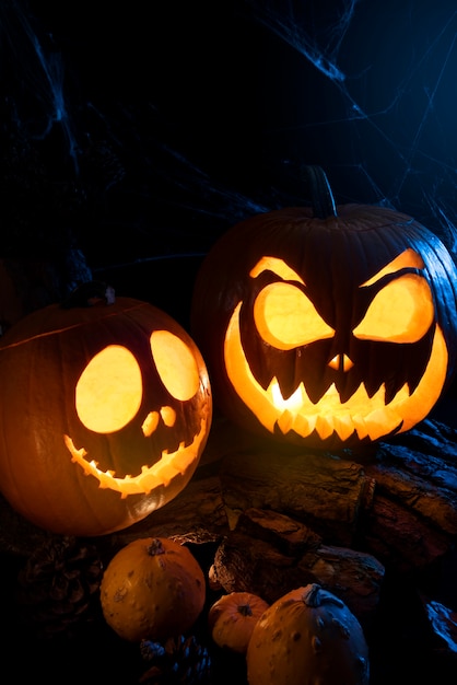 Free Photo carved halloween pumpkins with spiderweb