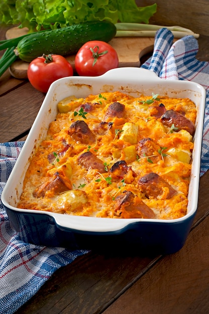 Casserole with sausage, bacon and apples in a pumpkin-cheese sauce