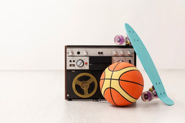 Cassette with basketball ball and skateboard