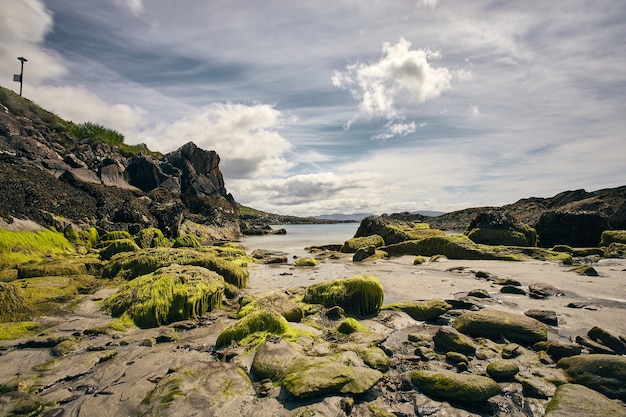 Castle Cove Beach surrounded by the sea and rocks under a cloudy sky at daytime in Ireland