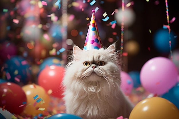 Free Photo cat celebrating birthday with balloons cute cat and cake portraits