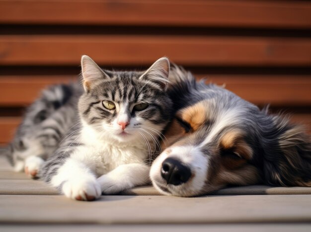 Cat and dog being affectionate and showing love towards each other