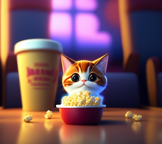 Free photo a cat is sitting in front of a cup of popcorn and a drink that says'june'on it