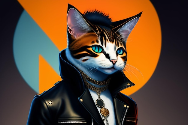 A cat in a leather jacket with blue eyes stands in front of an orange background.