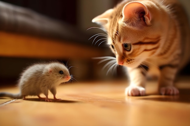 Free photo cat playing with little gerbil mouse