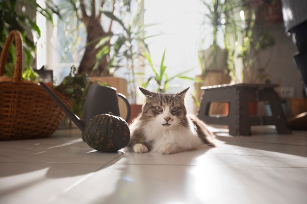 Free photo cat sitting in an indoor cultivation garden