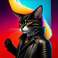 Free photo a cat wearing a leather jacket and a black jacket with a yellow tail.