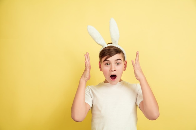 Free photo caucasian boy as an easter bunny on yellow background. happy easter greetings. beautiful male model.