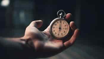 Free photo caucasian businessman holding old fashioned metal stopwatch generated by ai