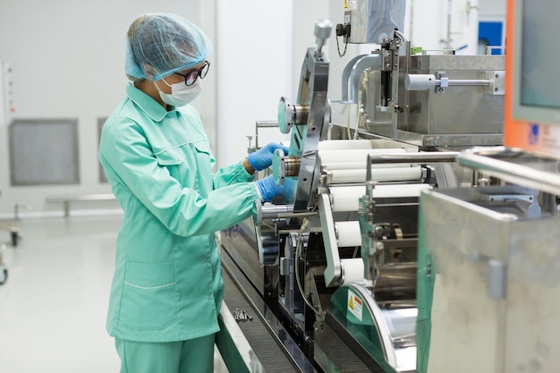 Caucasian factory worker in blue lab suit check readings of machine