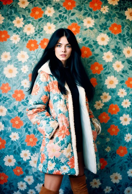 Caucasian girl with floral anorak on flowered wall