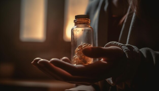 Caucasian hand holding medicine bottle close up shot generated by AI