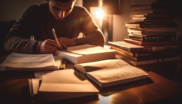 Free Photo caucasian male studying literature indoors at library generated by ai