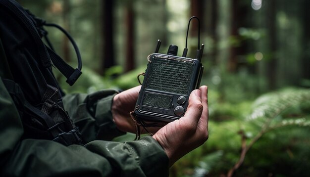 Caucasian photographer filming nature exploration with equipment generated by AI