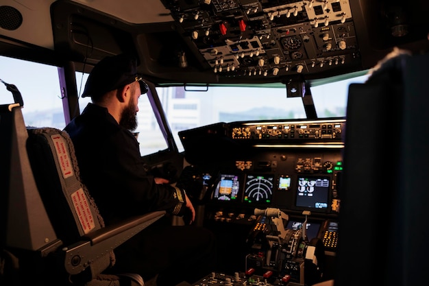 Free Photo caucasian plane captain getting ready to takeoff and fly airplane using control command and power buttons on dashboard in cockpit. piloting aircraft with panel navigation switch.