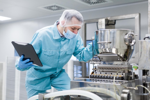 Free photo caucasian scientist man in blue lab suit make notes about big steel chromed machine with tubes