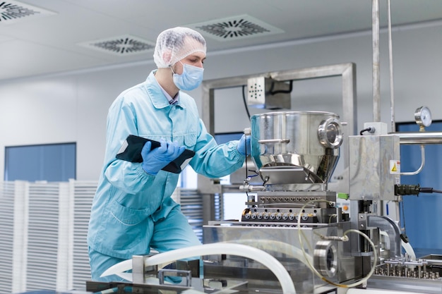 Free photo caucasian scientist man in blue lab uniform make notes about big steel chromed machine