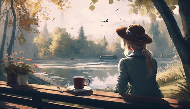 Caucasian woman enjoys relaxation amidst autumn scenery generative AI