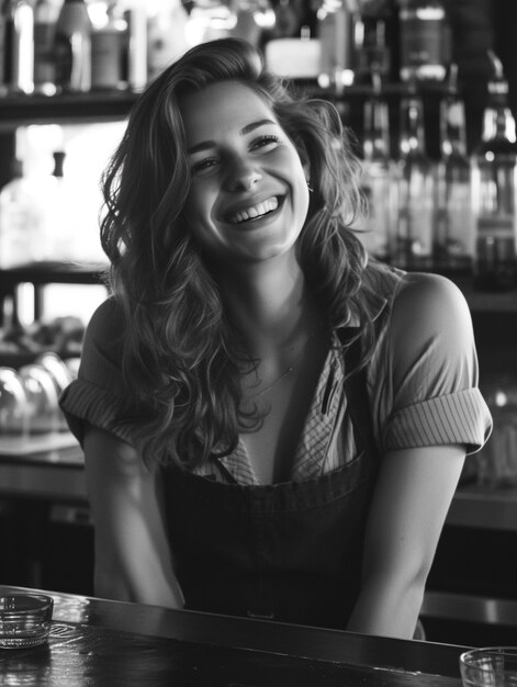 Celebration of labour day with monochrome view of woman working as a barista