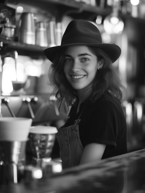 Celebration of labour day with monochrome view of woman working as a barista